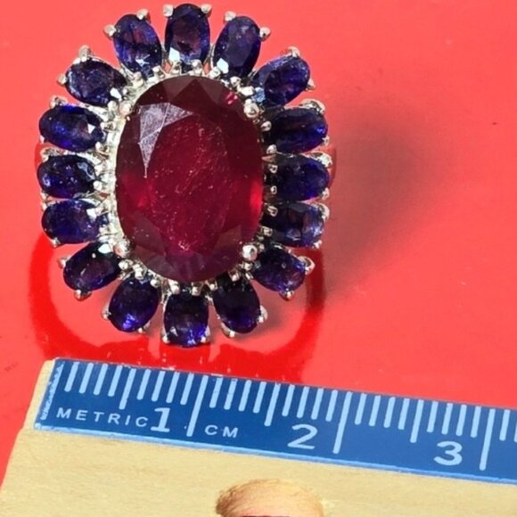 925 Sterling Silver Ring wirh Natural Ruby 10X14mm & Blue Sapphire Gems - Picture 9 of 11